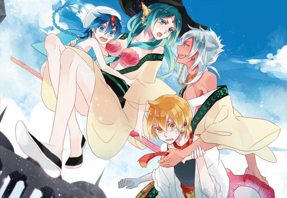 3boys :o aladdin_(magi) ali_baba_saluja aqua_eyes aqua_hair arch bangs bare_legs black_footwear blonde_hair blue_eyes blue_hair blue_sky braid breasts chain clam cleavage cloud conch crossed_legs day earrings eye_contact floating front_ponytail green_eyes green_hair hair_between_breasts hair_between_eyes hair_ornament hat hug jewelry long_hair looking_at_another magi_the_labyrinth_of_magic medium_breasts michi_(iawei) multiple_boys no_socks off_shoulder open_mouth outdoors parted_bangs robe sharrkan shell shell_bikini shell_hair_ornament shoes single_braid sitting sky staff turban v-shaped_eyebrows wavy_mouth white_hair witch_hat yamuraiha yellow_eyes