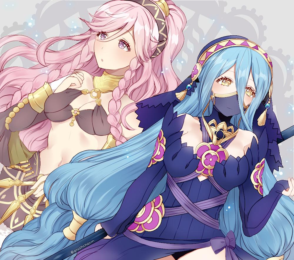 2girls aqua_(fire_emblem_if) black_dress black_gloves black_hairband blue_hair braid breasts bridal_gauntlets cleavage dress elbow_gloves fingerless_gloves fire_emblem fire_emblem:_kakusei fire_emblem_heroes fire_emblem_if gloves hairband long_hair medium_breasts multiple_girls navel nintendo olivia_(fire_emblem) parted_lips pink_eyes pink_hair plushcharm ponytail twin_braids twitter_username veil yellow_eyes