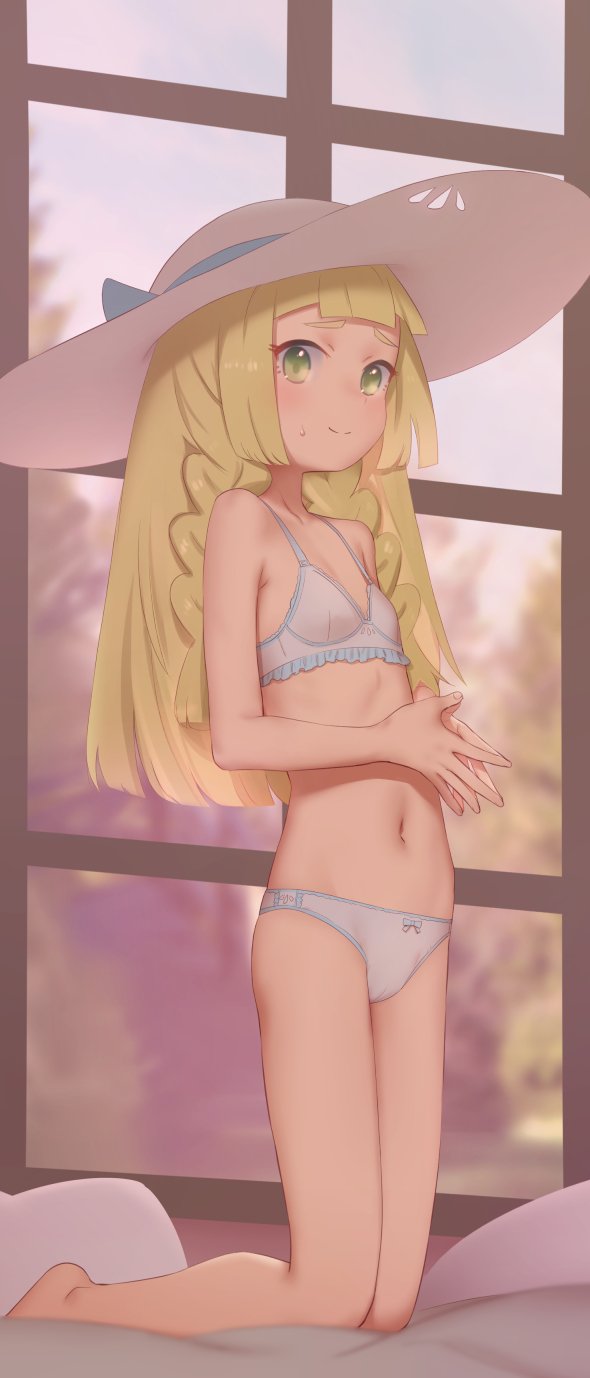 1girl blonde_hair bra braid closed_mouth creatures_(company) flat_chest game_freak green_eyes hands_together hat highres kneeling lillie_(pokemon) long_hair navel nintendo own_hands_together panties pokemon pokemon_(game) pokemon_sm shamonabe smile solo sun_hat twin_braids underwear white_bra white_hat white_panties window