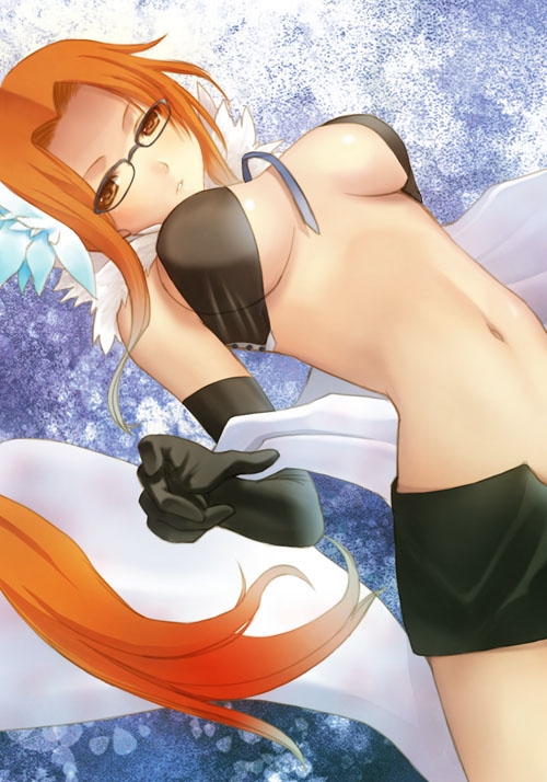 breasts cleavage devil_survivor_2 dutch_angle elbow_gloves glasses gloves hijiri_ruka kujou_hinako long_hair medium_breasts megami_ibunroku_devil_survivor miniskirt navel orange_eyes orange_hair shawl skirt solo underboob