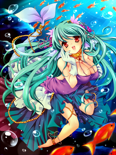 anklet barefoot breasts bubble cleavage dress fish full_body gloves goldfish green_hair hair_ornament hand_on_own_face jewelry large_breasts long_hair menokonome mermaid monster_girl original red_eyes smile solo submerged water white_gloves