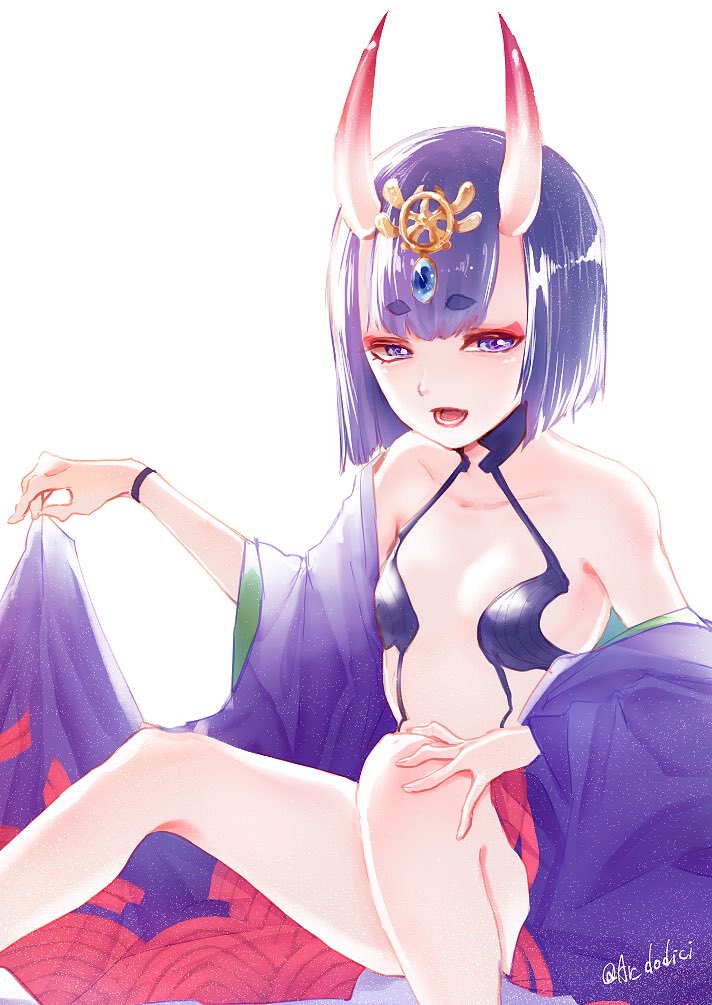 1girl aruti backlighting cloak collarbone eyebrows_visible_through_hair fate/grand_order fate_(series) flat_chest forehead_jewel makeup oni_horns open_mouth purple_eyes purple_hair shuten_douji_(fate/grand_order) solo twitter_username