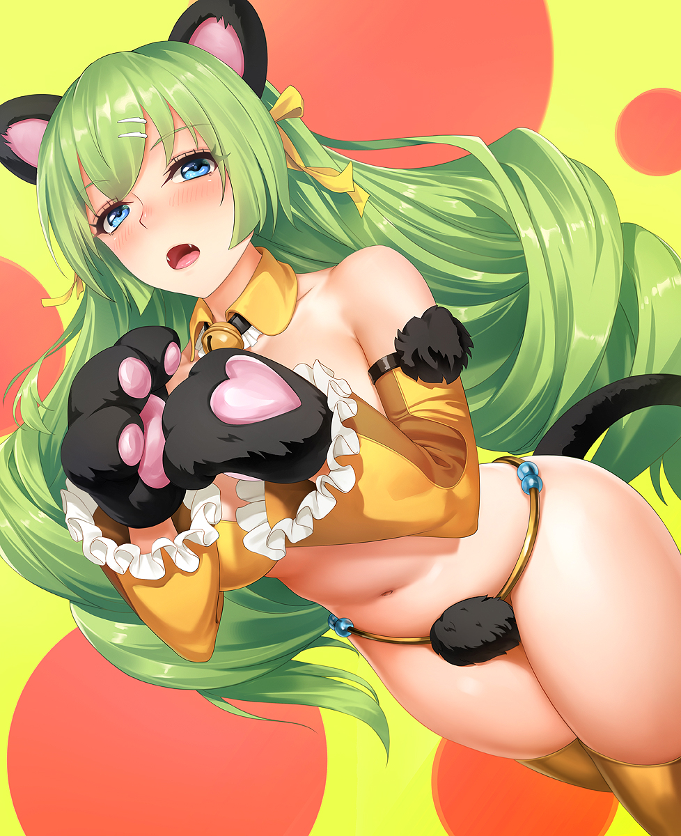 1girl animal_ears bangs bell big_hair bikini blue_eyes blush breasts cat_ears commentary_request detached_collar detached_sleeves dotted_background dutch_angle eyebrows_visible_through_hair fangs frilled_sleeves frills fur_trim gloves green_hair hair_ornament hair_ribbon hairclip heart highres jingle_bell long_hair looking_at_viewer navel obaoba_(monkeyix) open_mouth original paw_gloves paws ribbon simple_background solo swimsuit tail thighhighs two-tone_background very_long_hair wide_sleeves yellow_bikini yellow_legwear yellow_ribbon