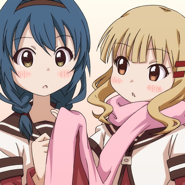 2girls blonde_hair blue_hair blush character_request female furutani_himawari green_eyes htks long_hair multiple_girls oomuro_sakurako scarf school_uniform yuru_yuri