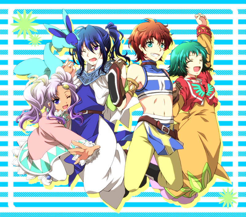 2girls :d :o ^_^ aqua_eyes arm_up belt blue_hair boots choker closed_eyes creature crop_top cropped_jacket dress farah_oersted full_body gloves green_hair grin holding_hands jumping keele_zeibel long_hair meredy midriff multiple_boys multiple_girls one_eye_closed open_mouth orange_dress pants pantyhose ponytail purple_eyes purple_hair quickie red_choker red_hair rid_hershel short_hair smile tales_of_(series) tales_of_eternia tsubasam twintails white_legwear