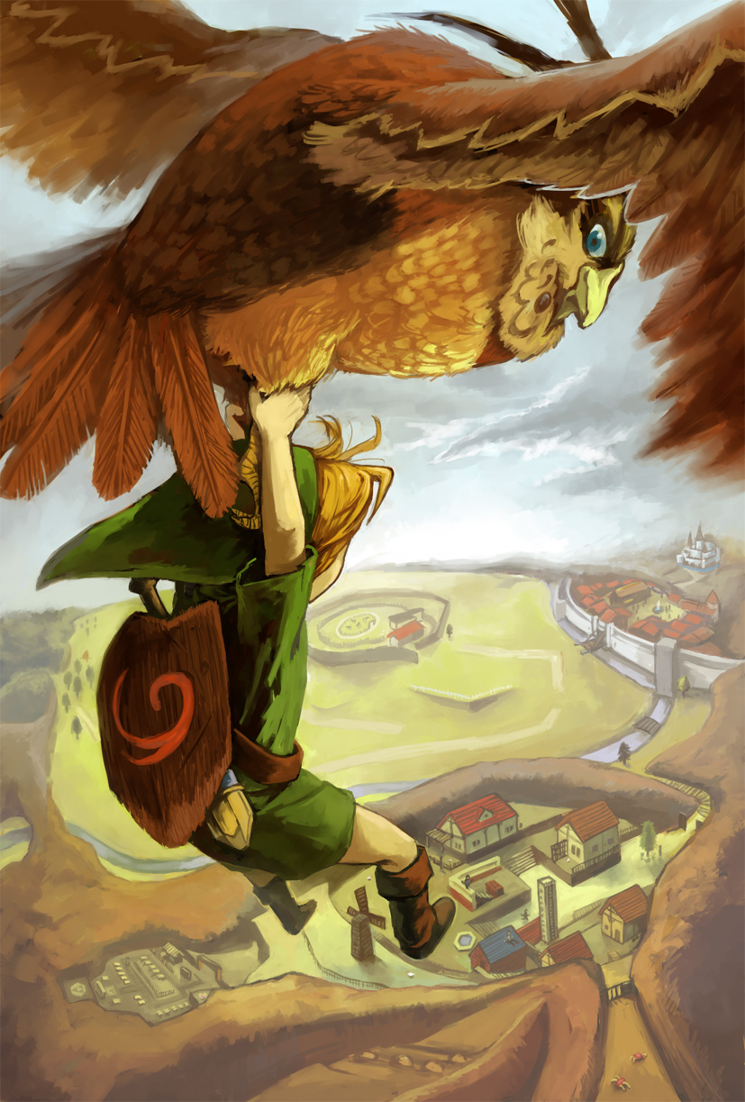 bird blonde_hair boots castle day flying highres inumura_(inu_noya) kaepora_gaebora landscape link owl shield sky sword the_legend_of_zelda the_legend_of_zelda:_ocarina_of_time weapon young_link