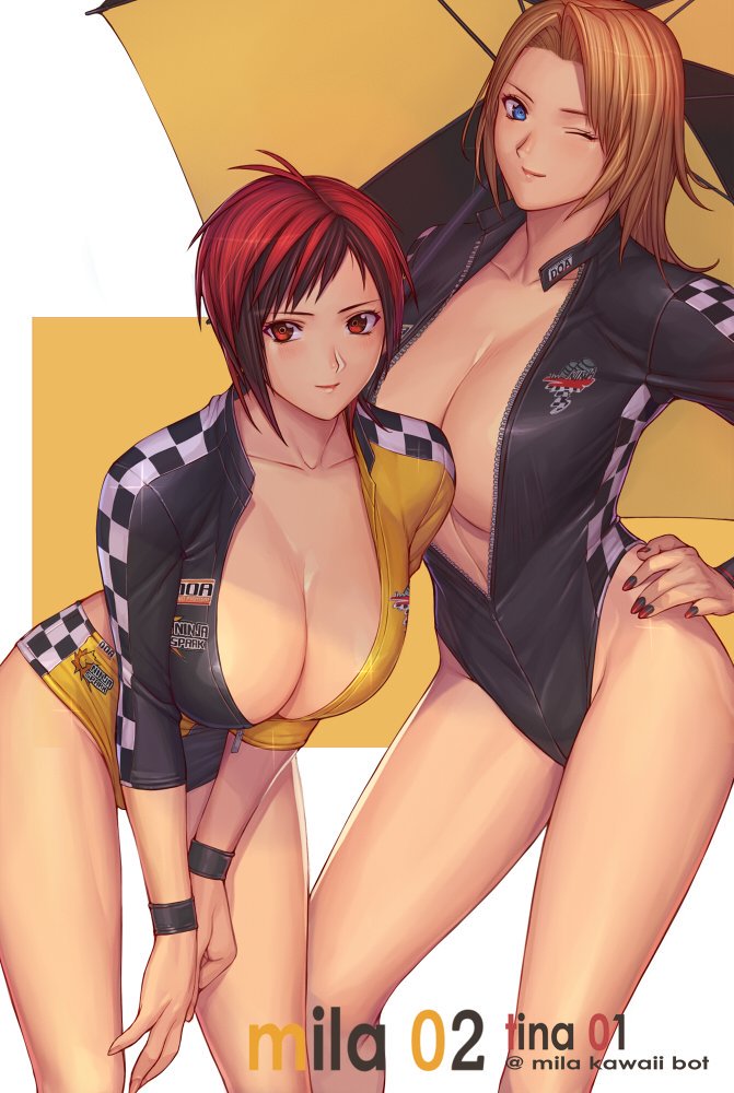 2girls blonde_hair breasts cleavage dead_or_alive dead_or_alive_5 ibanen large_breasts mila_(doa) multiple_girls racing_suit red_hair tina_armstrong unzipped