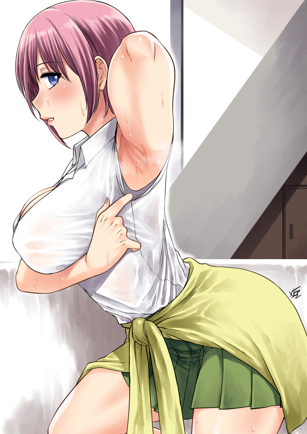 1girl arched_back arm_under_breasts arm_up armpits blue_eyes breast_hold breasts clothes_around_waist collared_shirt commentary eyebrows_visible_through_hair from_side go-toubun_no_hanayome green_skirt green_sweater highres indoors large_breasts leaning_forward nakano_ichika parted_lips pink_hair pleated_skirt profile shirt short_hair signature skirt solo sweat sweater sweater_around_waist white_shirt wing_collar xtermination