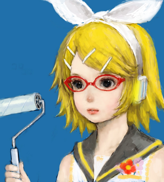 bad_id bad_pixiv_id bare_shoulders bespectacled black_eyes blonde_hair daisy eyelashes flower glasses glowing hair_ornament hair_ribbon hairclip headphones kagamine_rin lips paint_roller pon red-framed_eyewear ribbon sailor_collar short_hair simple_background solo vocaloid