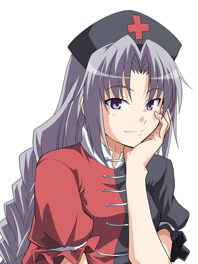 braid chin_rest closed_mouth face grey_hair hat long_hair looking_at_viewer purple_eyes rimibure simple_background single_braid smile solo touhou tsurime upper_body yagokoro_eirin