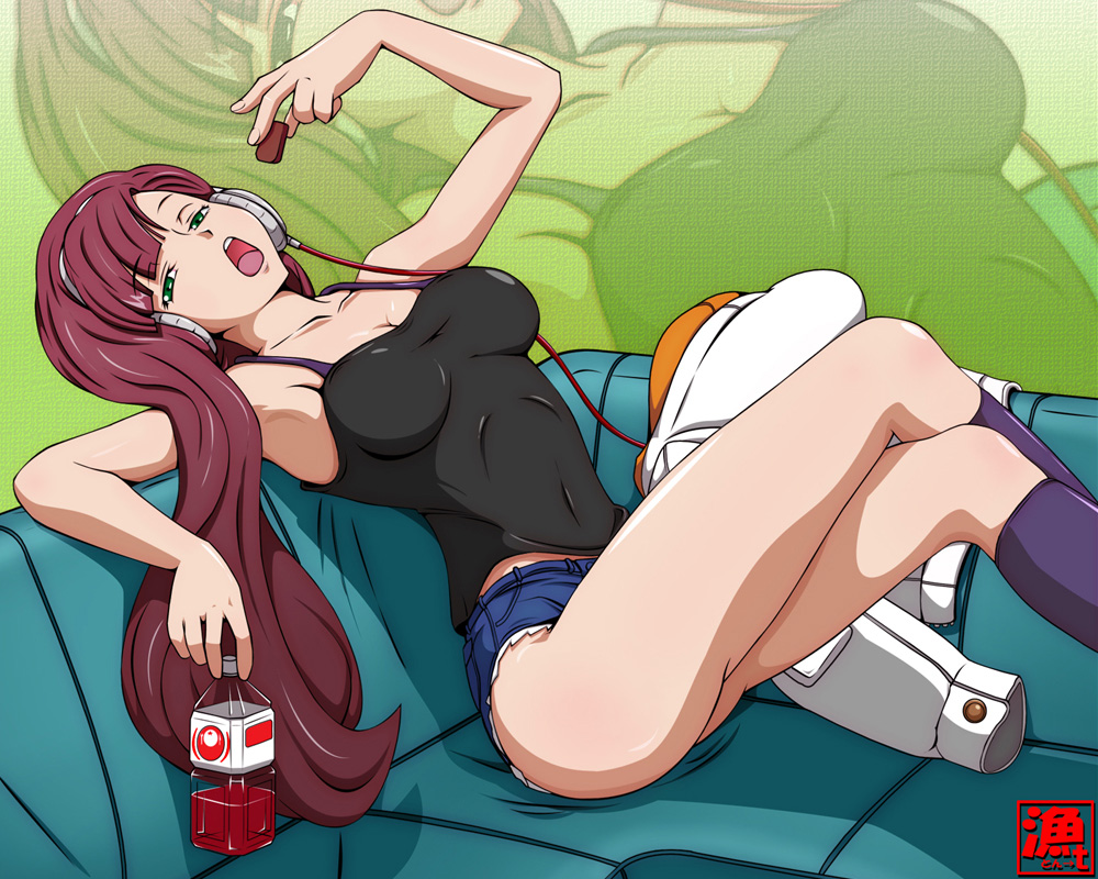 asaruton breasts brown_hair cleavage couch crossed_legs cutoffs denim denim_shorts drink eating green_eyes headphones jacket kneehighs long_hair medium_breasts open_mouth sacred_seven short_shorts shorts sitting socks solo sp_(sacred_seven) tank_top thighs tomato_juice tongue zoom_layer