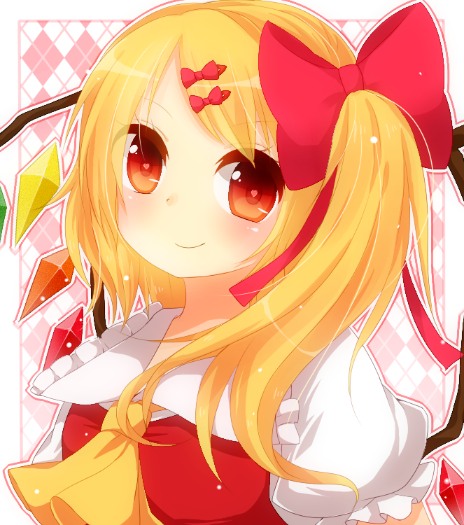 ascot blonde_hair blush face flandre_scarlet hair_ribbon heart heart-shaped_pupils no_hat no_headwear red_eyes ribbon side_ponytail smile solo symbol-shaped_pupils touhou upper_body wings yuria_(kittyluv)