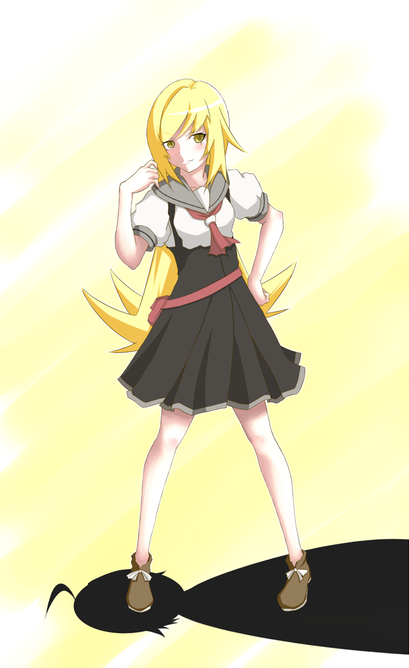 araragi_koyomi bakemonogatari blonde_hair highres kiss-shot_acerola-orion_heart-under-blade kizumonogatari long_hair monogatari_(series) older oshino_shinobu school_uniform shadow shiori_yuu teenage yellow_eyes