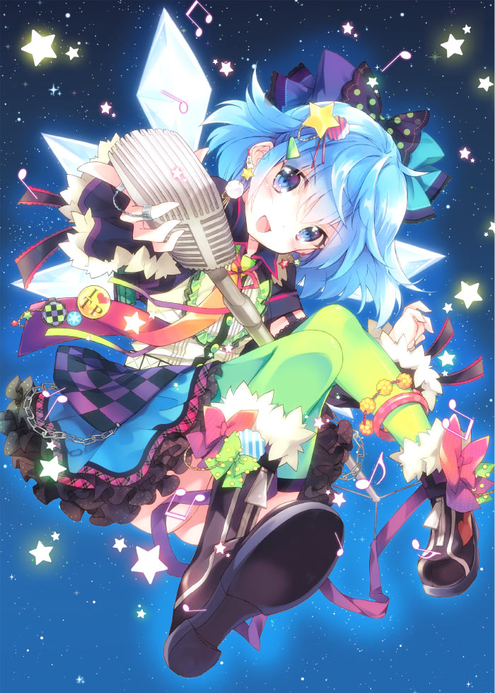 alternate_costume bad_id bad_pixiv_id badge blue_eyes blue_hair blush bow chain cirno colorful dress earrings green_legwear hair_ribbon ice ice_wings jewelry microphone_stand mottsun open_mouth ribbon short_hair smile solo star star_(sky) thighhighs touhou wings