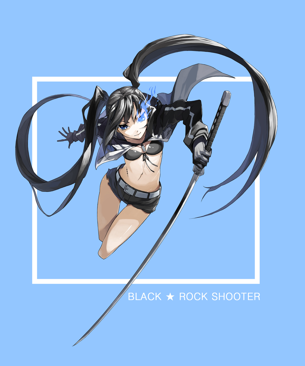 belt bikini_top black_rock_shooter black_rock_shooter_(character) blue_background blue_eyes burning_eye cropped_legs front-tie_top gloves glowing glowing_eye highres hood hooded_jacket jacket justminor katana long_hair navel scar short_shorts shorts solo stitches sword thigh_gap twintails very_long_hair weapon