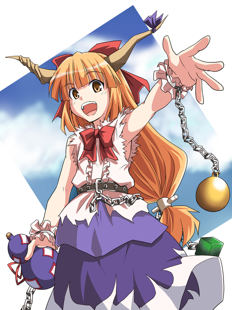 :d bangs bow bowtie brown_eyes chain cuffs gourd hair_bow horn_ribbon horns ibuki_suika long_hair open_mouth orange_eyes orange_hair outstretched_arm outstretched_hand ribbon rimibure shackles shirt sleeveless sleeveless_shirt smile solo touhou wrist_cuffs