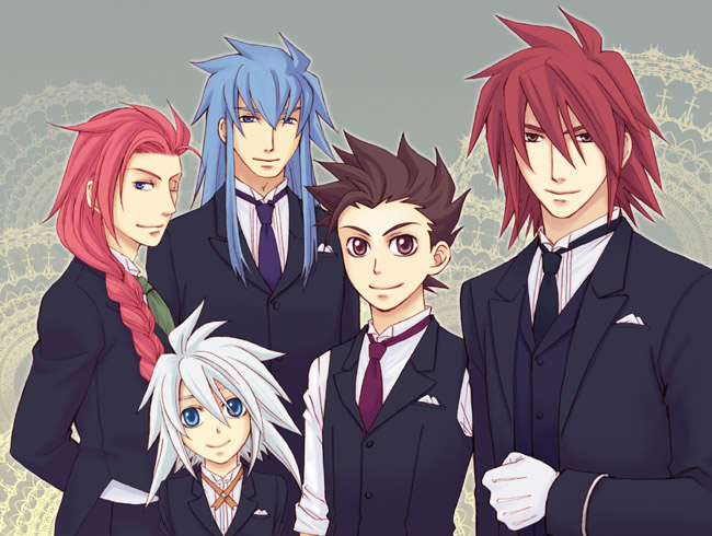 akagi_haruna akaki blue_eyes blue_hair braid brown_eyes brown_hair formal genis_sage genius_sage kratos_aurion long_hair necktie red_eyes red_hair regal_bryan regal_bryant short_hair simple_background smile spiked_hair spiky_hair suit tales_of_(series) tales_of_symphonia tie white_hair wink zelos_wilder