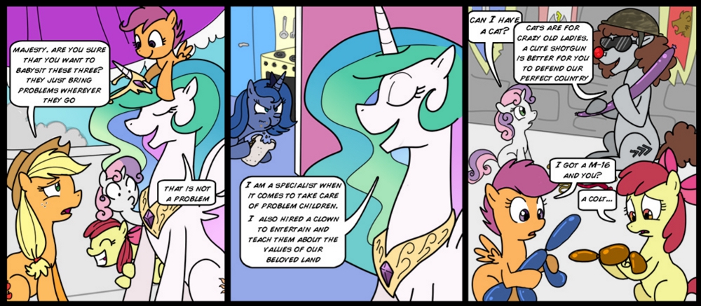 applebloom_(mlp) applejack_(mlp) balloons banners comic conscription cub cutie_mark cutie_mark_crusaders_(mlp) equine female feral food friendship_is_magic hasbro helmet horn horse indoctrination kitchen madmax mammal my_little_pony pegasus pony princess princess_celestia_(mlp) princess_luna_(mlp) royalty sandwich sandwich_(food) scootaloo_(mlp) stove sweetie_belle_(mlp) unicorn winged_unicorn wings young