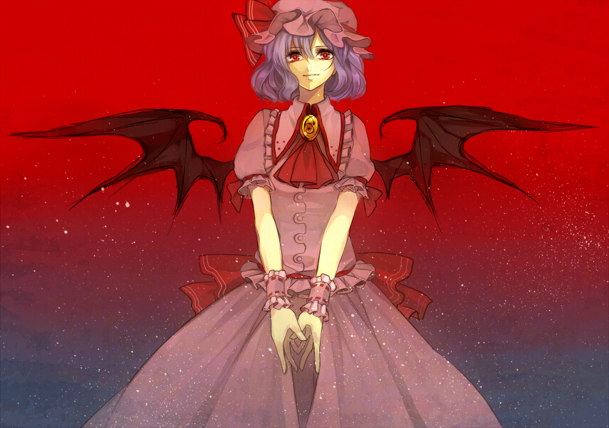 ascot bad_id bad_pixiv_id bat_wings brooch hat jewelry purple_hair red_eyes remilia_scarlet short_hair solo tomoe_(itigo) touhou wings wrist_cuffs