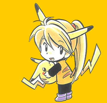 game_freak looking_at_viewer looking_back lowres mato official_art pikachu pikachu_(cosplay) pokemon pokemon_(game) pokemon_rgby pokemon_special pokemon_yellow simple_background smile solo yellow_(pokemon) yellow_background