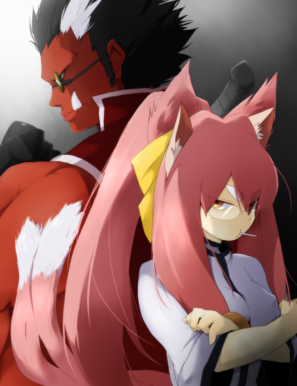 1boy 1girl animal_ears arc_system_works black_hair blazblue blazblue:_calamity_trigger bracelet cat_ears cat_tail crossed_arms fangs female glasses gloves highres iron_tager jewelry kokonoe labcoat long_hair male mndayo multicolored_hair multiple_tails muscle orange_eyes pink_hair ponytail red_skin ribbon short_hair tail two-tone_hair white_hair yellow_ribbon