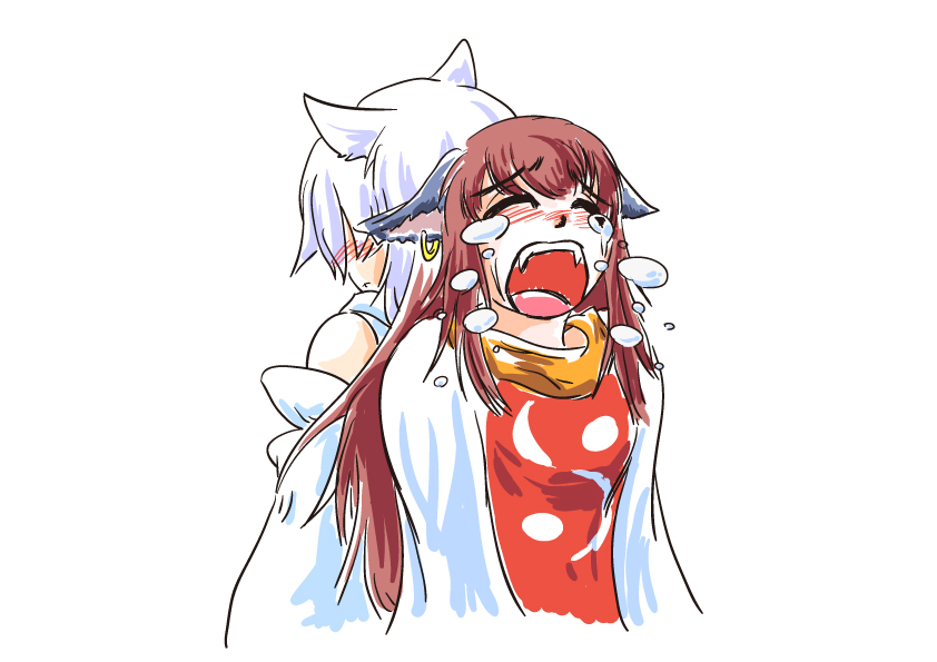 animal_ears back-to-back blush cat_ears chen closed_eyes crying detached_sleeves earrings face fangs fesserst inubashiri_momiji jewelry long_hair multiple_girls no_hat no_headwear older simple_background tears touhou white_background wolf_ears