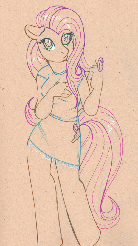 anthrofied cute equine female fluttershy_(mlp) friendship_is_magic hasbro horse mammal my_little_pony pink_background plain_background pmoss pony sketch skirt solo