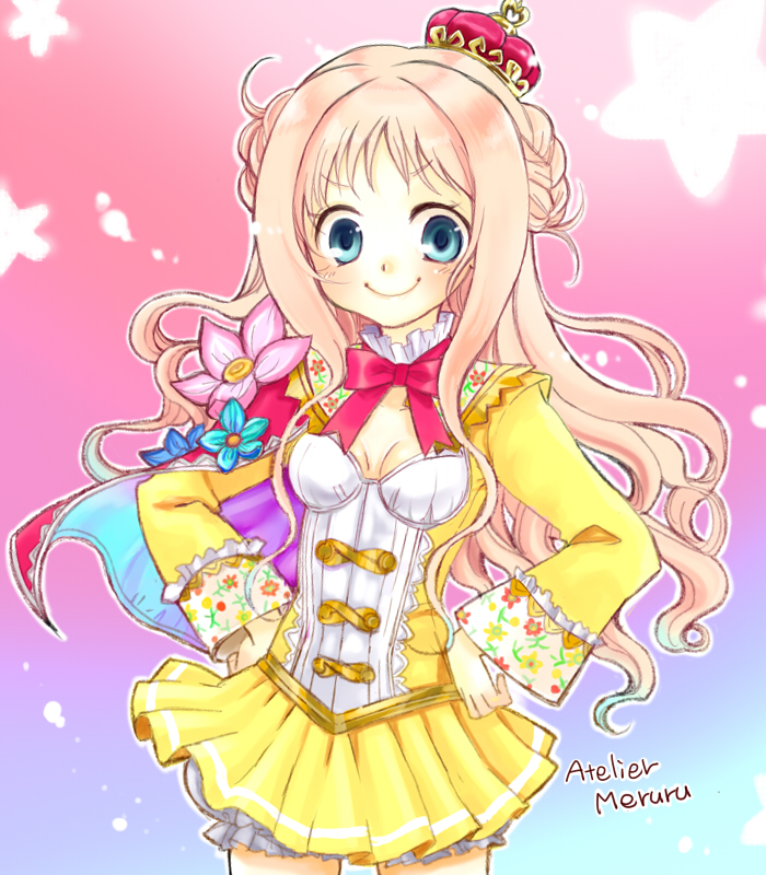 atelier_(series) atelier_meruru blonde_hair blue_eyes bow cape copyright_name crown flower genin_(sirotokuroto) half_updo hands_on_hips long_hair merurulince_rede_arls multicolored multicolored_cape multicolored_clothes pink_background pink_hair red_bow skirt smile yellow_skirt