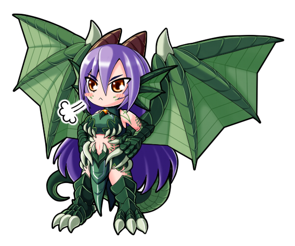 :&lt; bare_shoulders blush_stickers chibi claws crotch_plate dragon dragon_(monster_girl_encyclopedia) dragon_girl green_wings horns long_hair midriff monster_girl monster_girl_encyclopedia nawiria_vire purple_hair scales solo tail talons wings