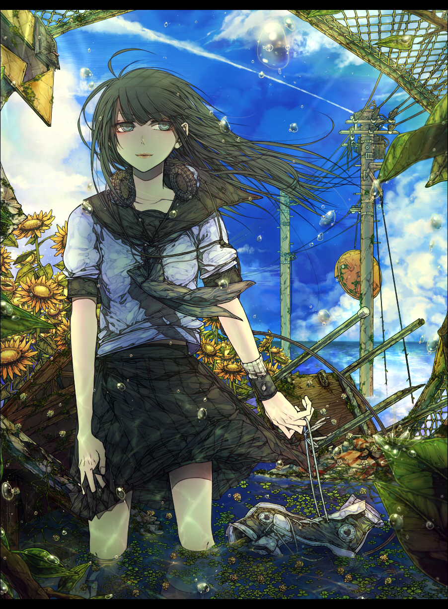 aqua_eyes bad_id bad_pixiv_id black_hair cloud condensation_trail day flood flower headphones headphones_around_neck highres letterboxed lips long_hair looking_away looking_to_the_side nai_kitsu neckerchief original power_lines reflection school_uniform serafuku shoes shoes_removed sky sneakers solo sunflower telephone_pole transformer wading water_drop wind wristband