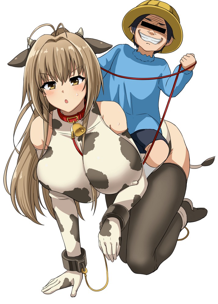 1boy 1girl all_fours amagi_brilliant_park animal_ears animal_print antenna_hair bangs bare_shoulders bell black_legwear blush breast_press breasts brown_eyes brown_hair censored cow_bell cow_ears cow_horns cow_print cow_tail cuffs elbow_gloves erect_nipples gloves grin handcuffs hanging_breasts horns identity_censor large_breasts long_hair open_mouth ribeiku riding sento_isuzu simple_background smile sweat tail thighhighs white_background