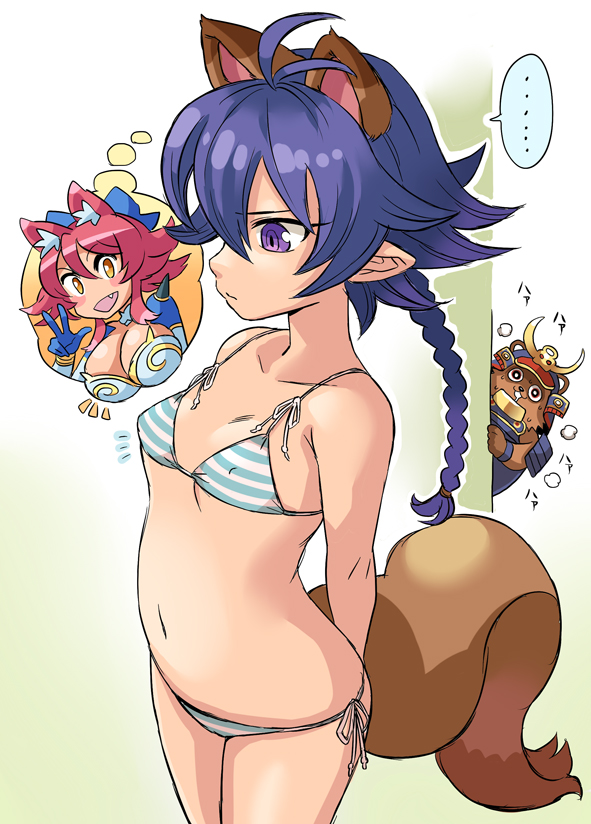 2girls alternate_costume animal_ears antenna_hair armor arms_behind_back bikini blush_stickers braid breast_envy claws collarbone drooling extra_ears flat_chest fox_ears heavy_breathing japanese_armor junjinkenbu_yuuna matsuhime_mujina mimonel multiple_girls navel peeking_out pink_hair pointy_ears purple_eyes purple_hair raccoon_ears raccoon_tail shinrabanshou side-tie_bikini single_braid string_bikini striped striped_bikini striped_swimsuit swimsuit tail takechiyo_(shinrabanshou) tanuki v yellow_eyes