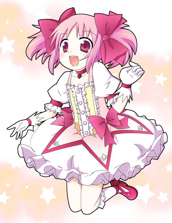 :d bow choker dress frills gloves hair_ribbon happy image_sample kaname_madoka kneehighs magical_girl mahou_shoujo_madoka_magica mary_janes md5_mismatch open_mouth pink_hair pixiv_sample red_eyes ribbon shimizyu shoes short_hair short_twintails smile solo twintails white_gloves