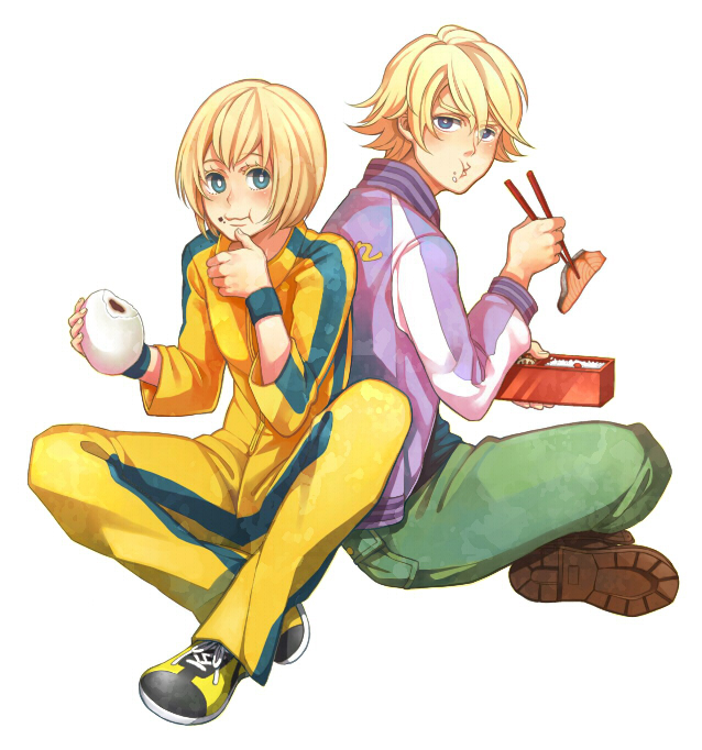 1girl anman bad_id bad_pixiv_id baozi blonde_hair blue_eyes bodysuit bruce_lee's_jumpsuit chopsticks eating food fruit huang_baoling ivan_karelin jacket letterman_jacket marumaru22 obentou orange_bodysuit purple_eyes purple_jacket rice salmon shoes short_hair sneakers tiger_&amp;_bunny umeboshi