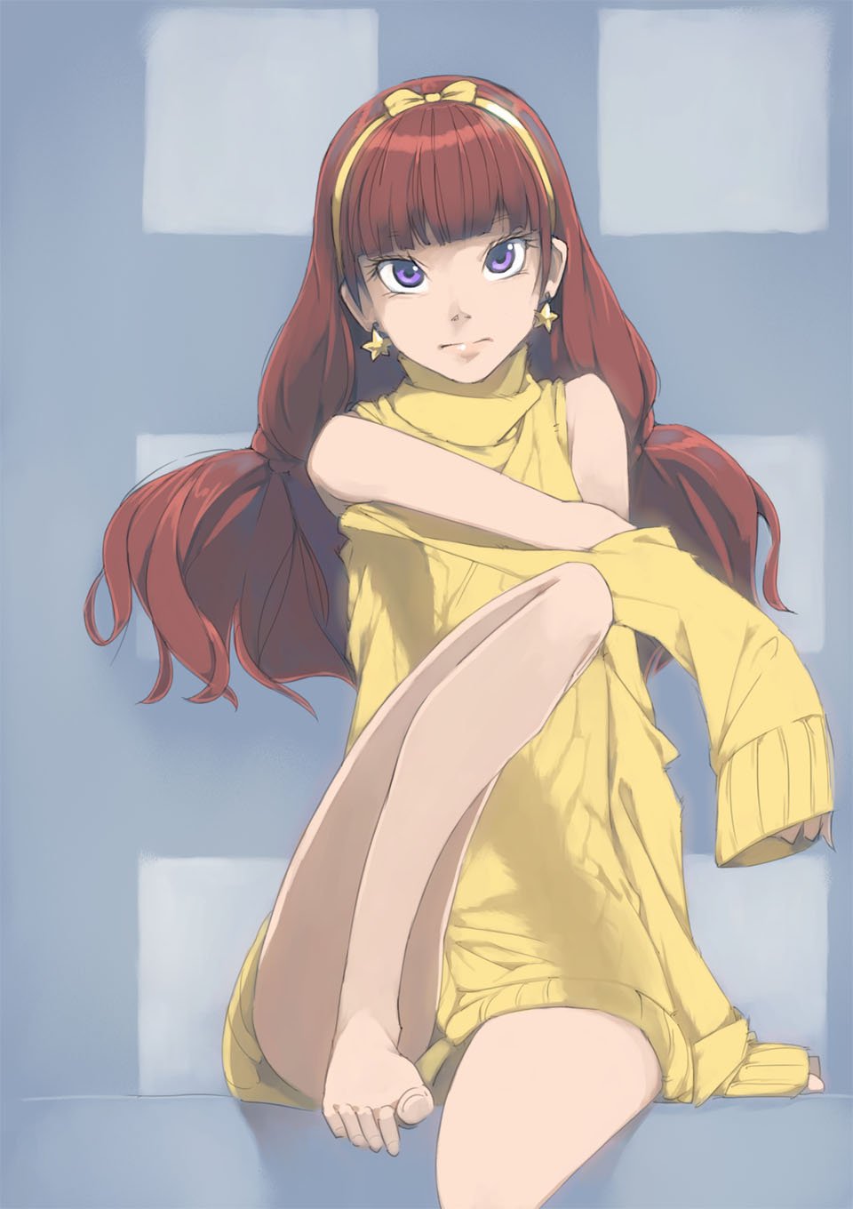 akinbo_(hyouka_fuyou) amanogawa_kirara arm_support bangs barefoot blunt_bangs bottomless bow brown_hair earrings feet go!_princess_precure hair_bow hairband highres jewelry long_hair long_sleeves looking_at_viewer naked_sweater precure purple_eyes shoulder_cutout sitting solo star star_earrings sweater very_long_hair yellow_bow yellow_hairband yellow_sweater