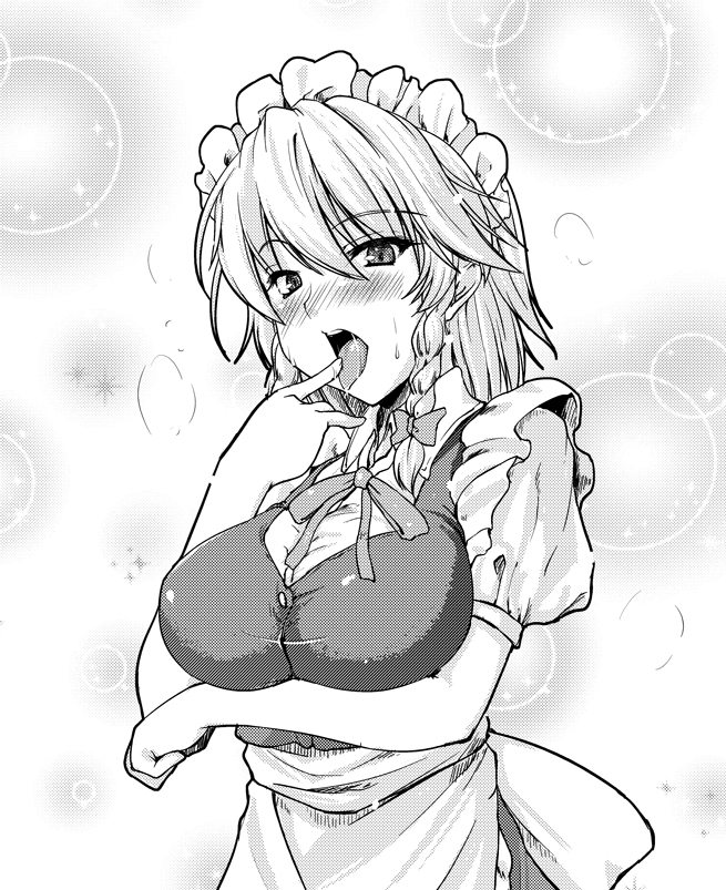 blush braid breast_hold breasts face finger_in_mouth greyscale izayoi_sakuya johnny_(from_scratch) large_breasts licking maid maid_headdress monochrome open_mouth saliva short_hair solo tongue touhou twin_braids