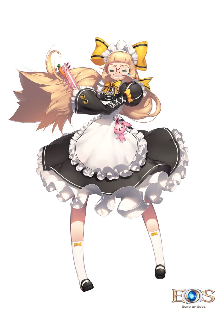 1girl apron black_footwear blonde_hair bow bunny carrot clenched_teeth combing copyright_name dress echo_of_soul eyes_closed frilled_dress frilled_sleeves frills full_body glasses hair_brush highres holding holding_hair kneehighs long_hair long_sleeves maid maid_apron maid_dress maid_headdress multiple_bows puffy_sleeves shoes simple_background solo standing teardrop teeth white_background white_legwear yato0401 yellow_bow
