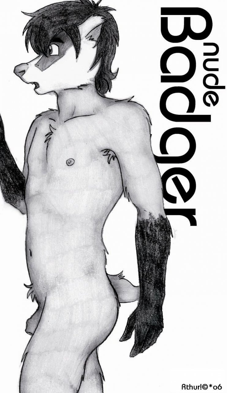 anthro badger flaccid fur gloves_(marking) hair male mammal markings monochrome mustelid nipples nude open_mouth penis plain_background rthur short_hair side_view solo standing tail uncut white_background