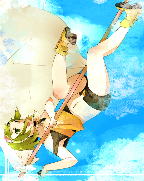 bad_id bad_pixiv_id flag goggles goggles_on_head green_eyes green_hair gumi legs open_mouth shoes short_hair solo tknoff upside-down vocaloid