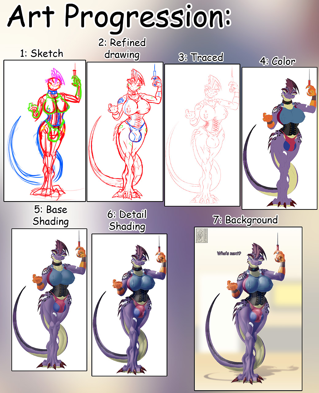 big_balls big_breasts breasts clothed clothing collar come_here corset daniel_kay dickgirl gloves herm huge_breasts intersex lizard muscles naughty_face pose purple purple_skin reptile scalie skimpy standing syringe unknown_artist who's_next?