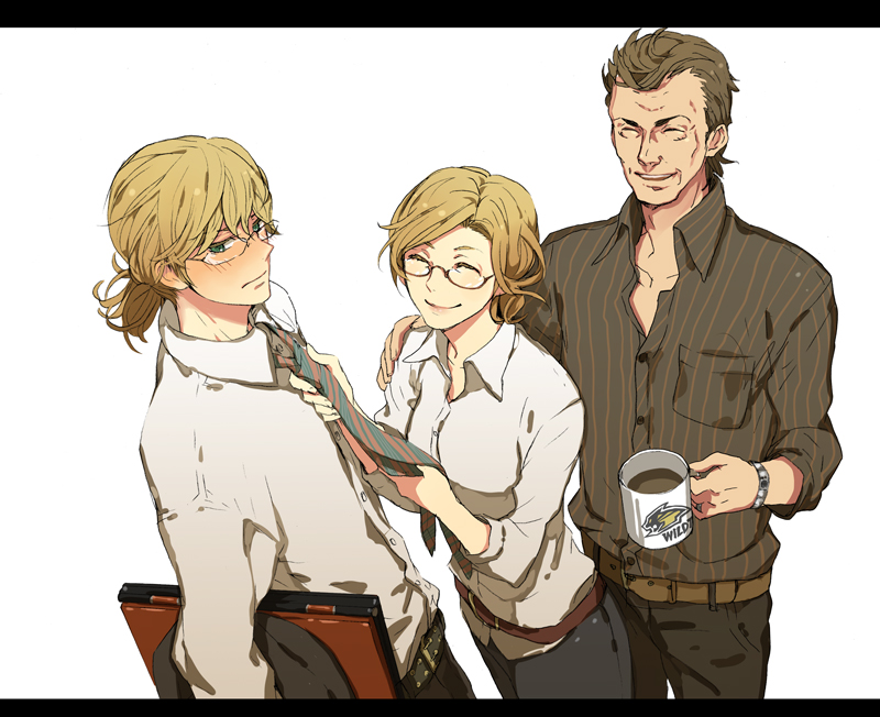 2boys alternate_hairstyle bad_id bad_pixiv_id barnaby_brooks_jr barnaby_brooks_sr blonde_hair blush briefcase brown_hair closed_eyes coffee cup emily_brooks family father_and_son glasses green_eyes letterboxed mother_and_son mug multiple_boys necktie ponytail sashimi555 short_hair smile tiger_&amp;_bunny watch wild_tiger wristwatch