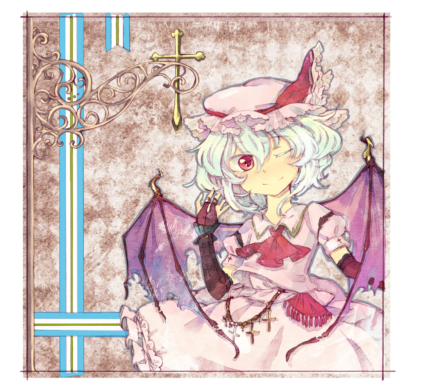 ascot blue_hair cross hat one_eye_closed red_eyes remilia_scarlet rl solo touhou wings