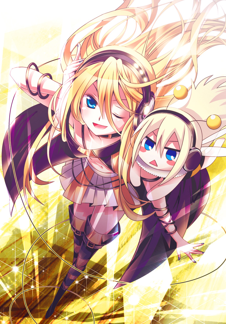 blonde_hair blue_eyes boots chibi headphones honey_lily lily_(vocaloid) long_hair navel one_eye_closed open_mouth skirt smile thigh_boots thighhighs vocaloid yyukke