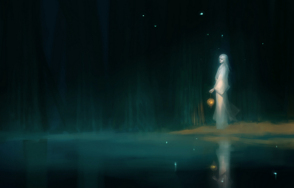bad_id bad_pixiv_id bug chm firefly insect lantern male_focus original reflection solo water white_hair