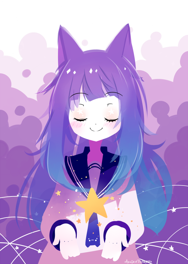 +_+ 1girl animal_ears artist_name blue_hair blue_sailor_collar blush cat_ears commentary eyes_closed facing_viewer gradient_hair long_hair long_sleeves looking_at_viewer multicolored_hair original projecttiger purple_hair sailor_collar shirt signature smile solo star tagme thumbnail_surprise transparent two-tone_hair white_shirt