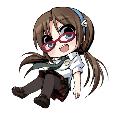 :d bad_id bad_pixiv_id black_legwear blue_eyes blush brown_hair chibi evangelion:_2.0_you_can_(not)_advance french_maid full_body glasses hairband loafers long_hair lowres makinami_mari_illustrious necktie neon_genesis_evangelion open_mouth pantyhose plaid plaid_skirt rebuild_of_evangelion red-framed_eyewear school_uniform shoes simple_background skirt smile solo twintails