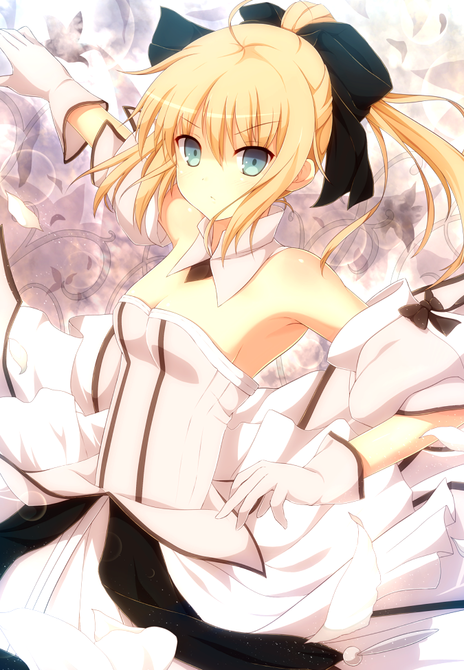 ahoge arm_up artoria_pendragon_(all) bad_id bad_pixiv_id bare_shoulders blonde_hair bow breasts cleavage detached_sleeves dress fate/stay_night fate/unlimited_codes fate_(series) gloves green_eyes petals ponytail saber saber_lily samegami short_hair small_breasts solo