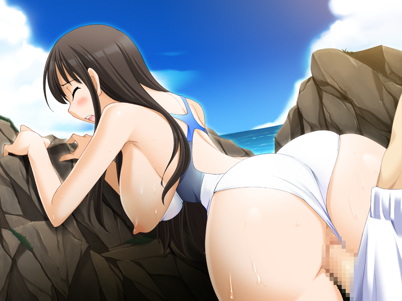 1girl arched_back ass beach bent_over bikini blue_sky blush breasts brown_hair censored cleavage cloud clouds eyes_closed game_cg hanging_breasts holding_on koi_to_mizugi_to_taiyo_to large_breasts long_hair maejima_aya naked nipples nude ocean one-piece_swimsuit open_mouth outdoors outside penis pov pussy rock rocks sex sky sweat swim_shorts swim_trunks swimsuit swimsuit_aside vagina water waves white_bikini