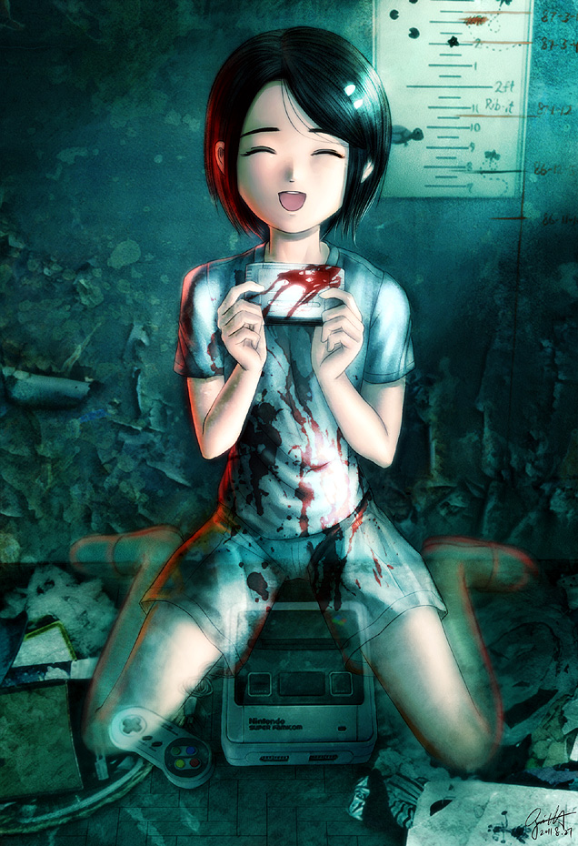 black_hair blood closed_eyes commentary copyright_request game_cartridge game_console ghost open_mouth s_zenith_lee short_hair shorts sitting smile solo super_famicom wariza