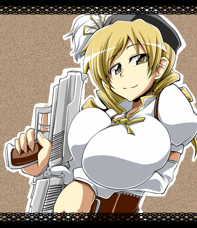beret blonde_hair breast breast_squeeze breasts detached_sleeves drill_hair hat huge_breasts mahou_shoujo_madoka_magica regls smile tomoe_mami twin_drills yellow_eyes